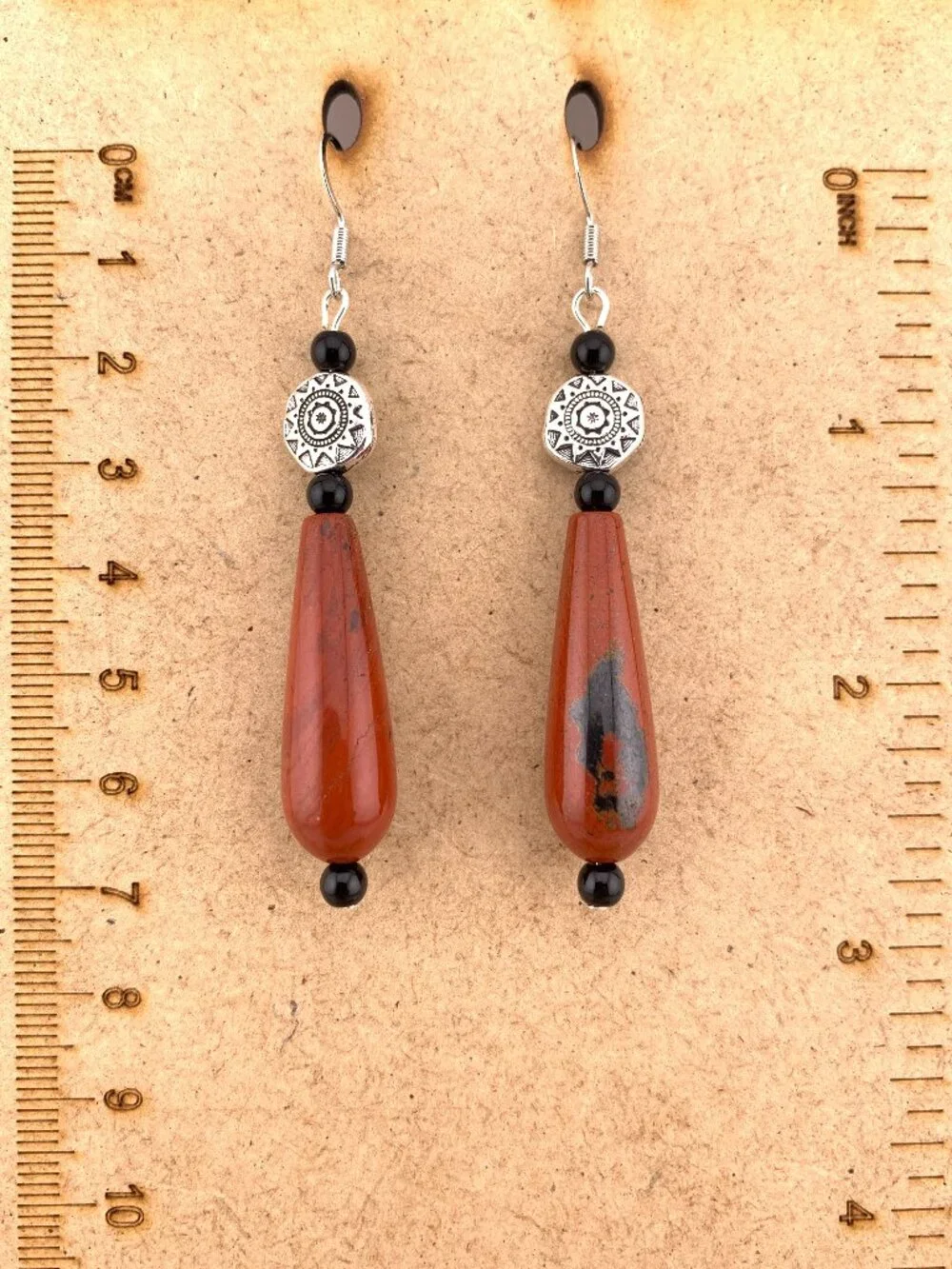 Mahogany Red Jasper Black Onyx Silver Boho Bead Long Handmade Earrings LR211